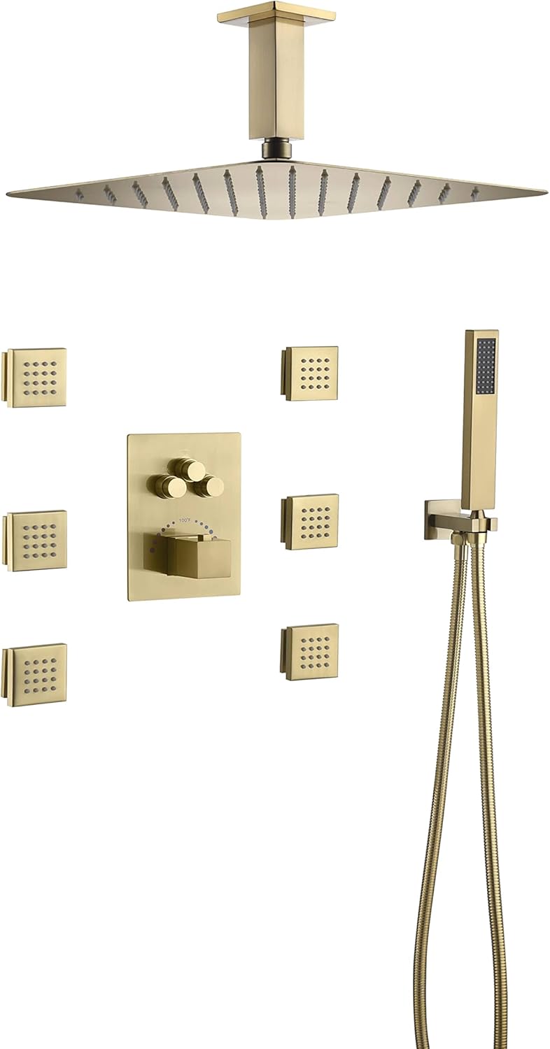 Matte Black Ceiling Mounted 16 Inch Rainfall Shower Head 3 Way Thermostatic Shower Faucet with 6 Body Jets Each Function Work All Together and Separately