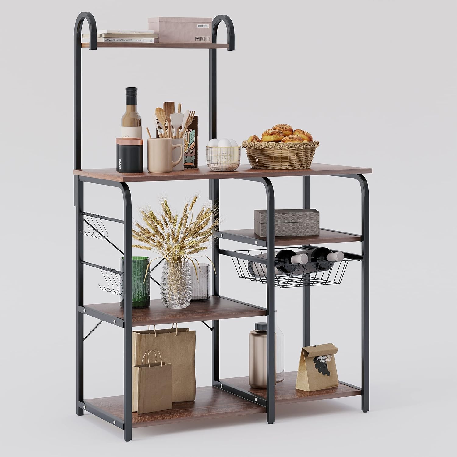 YITAHOME Baker's Racks for Kitchen-Standing Kitchen Baker Rack Shelf,Microwave Oven Stand for Home-Workstation Organizers Rack with Slide-Out Mesh Basket,10 Hooks,Rustic Brown Pack of 2