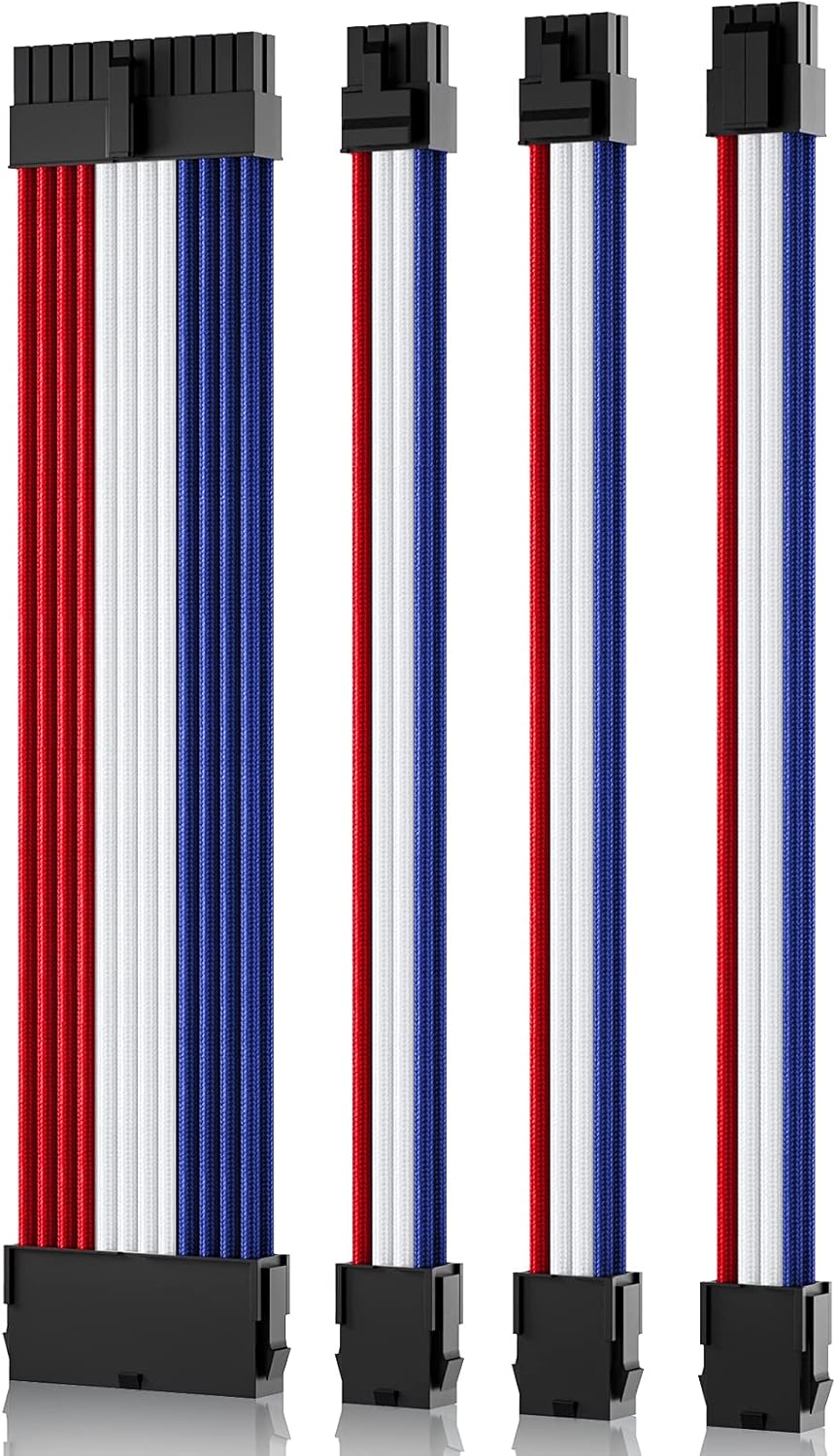 COOCAT Custom Mod Sleeved Cable, White Cable Extension PC Kit, 18AWG 24Pin ATX / 8 (4+4) Pin EPS / 8 (6+2) Pin PCIE / 6Pin PCI-E Power Supply PSU Cable with Combs, 30CM Pack of 2