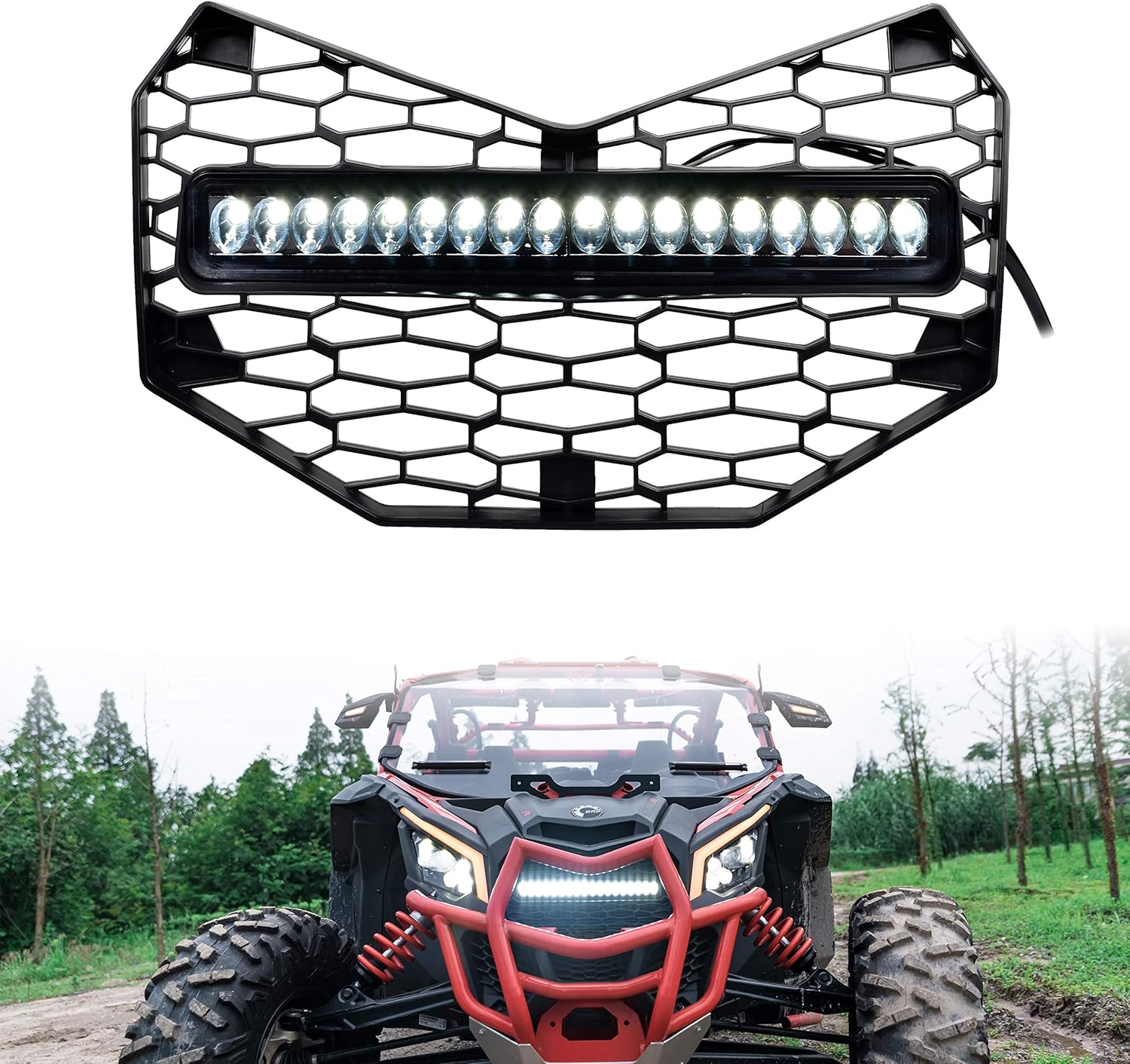 Front Grille for Maverick X3 2017-2022, SAUTVS Premium Front Mesh Grill with LED Light Bar for Can-Am Maverick X3 2017 2018 2019 2020 2021 2022 Accessories