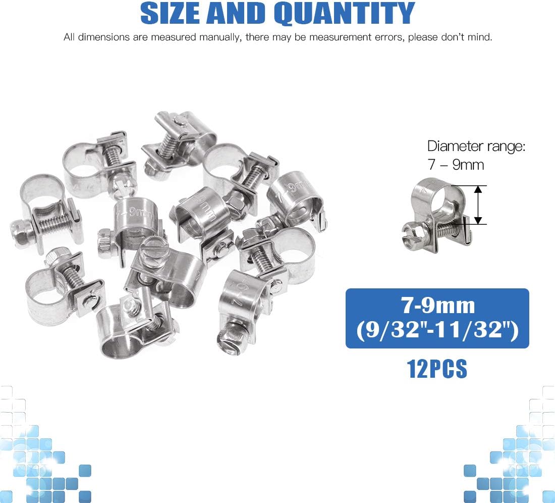 Glarks 12Pack 7-9mm Stainless Steel Mini Fuel Injection Hose Clamps Adjustable Pipe Hose Clip Tube Clamps Set (9/32''-11/32'' Dia)