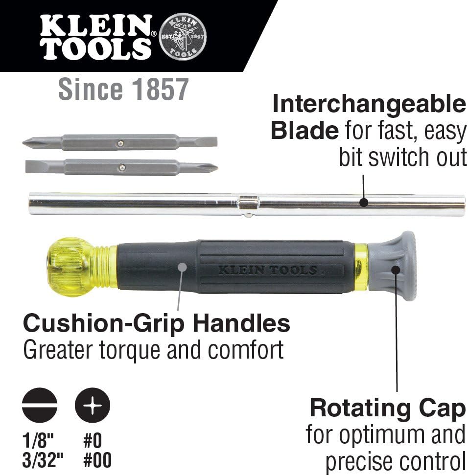 Klein Tools 32581 4-in-1 Electronics Screwdriver Set with Precision Machines Bits: 2 Slotted, 2 Phillips, and Cushion Grip Handles, 4-Piece