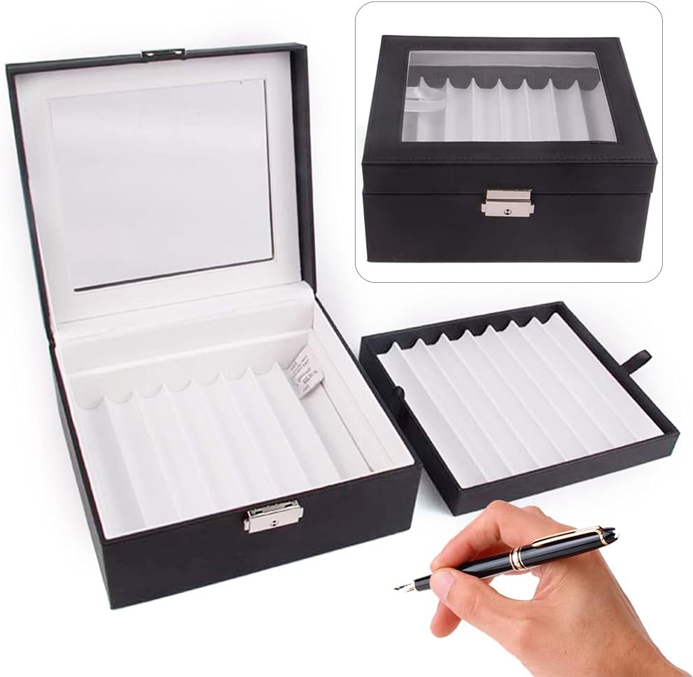 LOYALHEARTDY 16 Slots Leather Pen Display Box Pen Collector Case with Transparent Window Pack of 2