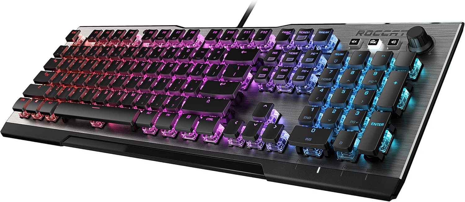 ROCCAT Vulcan 100 AIMO Mechanical PC Gaming Keyboard, RGB Lighting, USB Wired Tactile Computer Wrist Rest, Silent, Per Key LED Illumination, Brown Switches, Aluminum Top Plate, Silver
