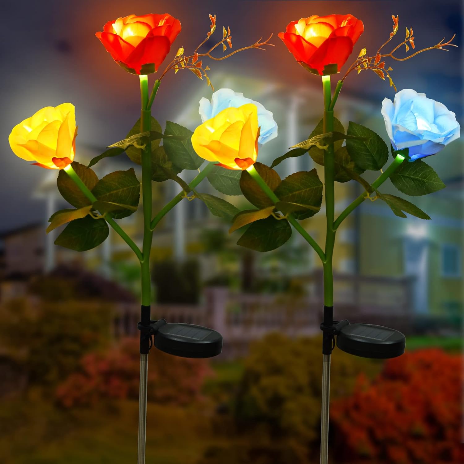 Solar Rose Lights Solar Garden Lights with 3 Roses Solar Lights Outdoor Waterproof for Garden Patio Yard Pathway Walkway Decor(2 Pack Multicolor )