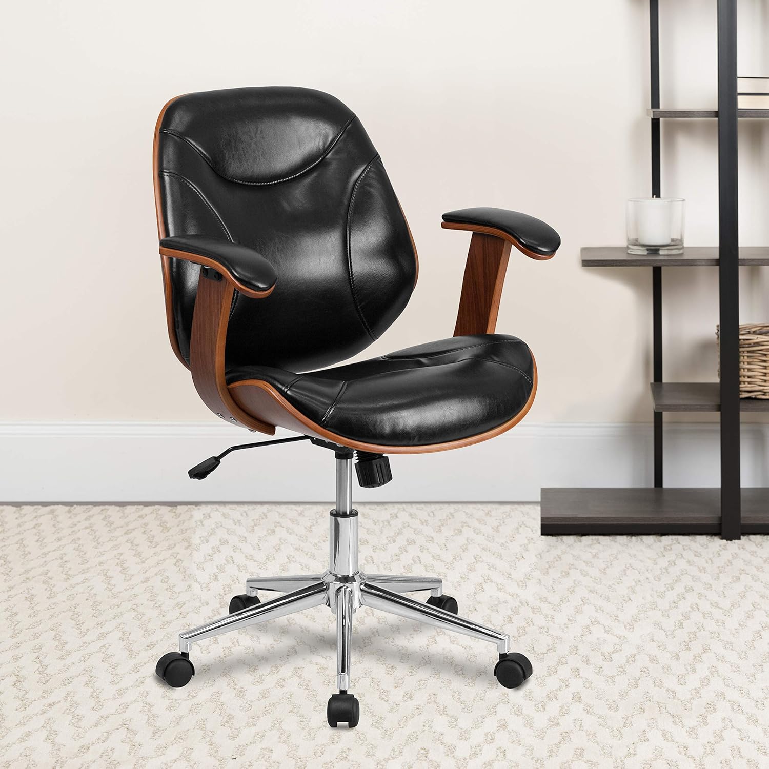 Flash Furniture Mid-Back Black LeatherSoft Executive Ergonomic Wood Swivel Office Chair with Arms