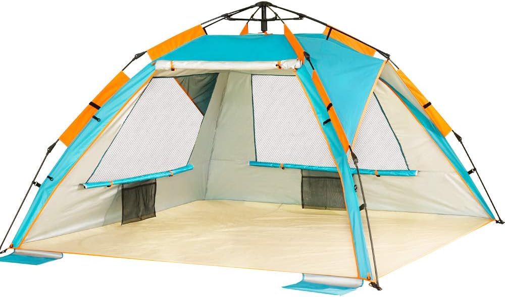 ZOMAKE Instant Beach Tent 3 - 4 Person, Pop Up Sun Shelter Easy Setup Portable Sun Shade Tent with SPF 50+ UV Protection for Kids Family(Lake Blue)