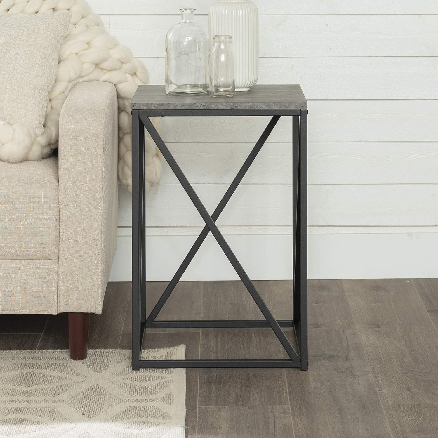 Walker Edison Modern Geometric Metal Square Side End Accent Table Living Room Storage Small End Table, 16 Inch, Dark Concrete