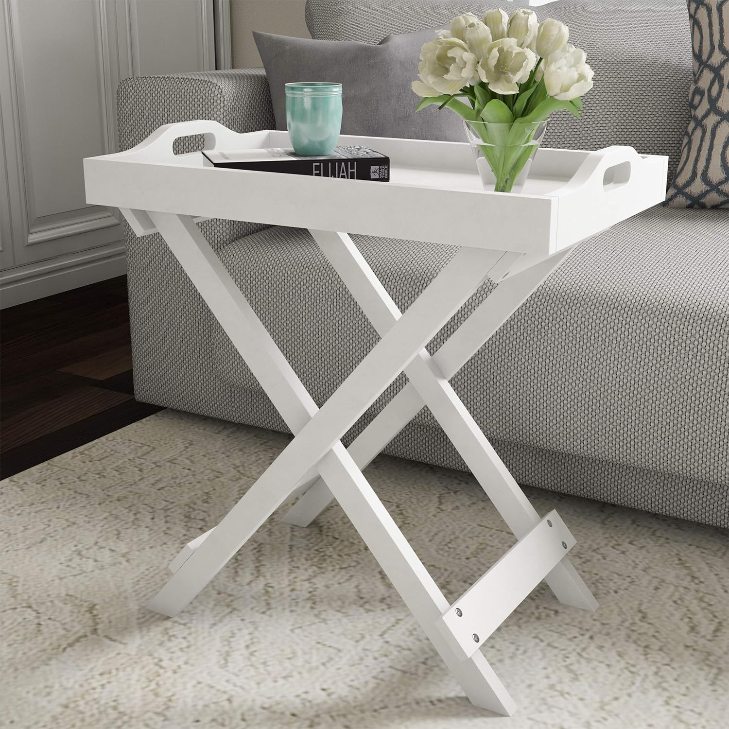 Lavish Home Display and Home Accent Table with Removable Tray Top (White) Pack of 2