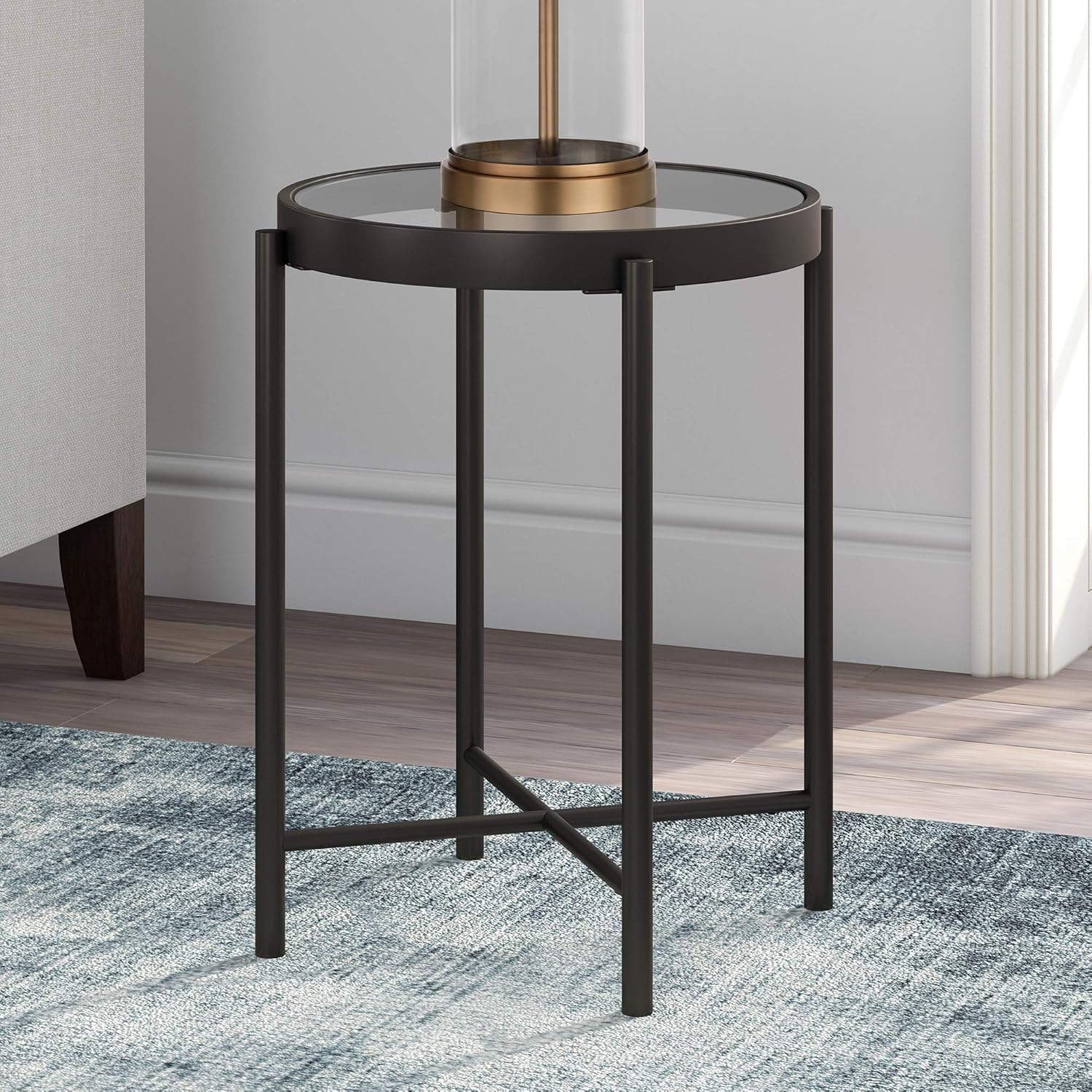 Henn&Hart ST0198 Modern Round Glass End, Night Stand in Blackened Bronze for Living Room, Bedside, Home Office Side Table, 22