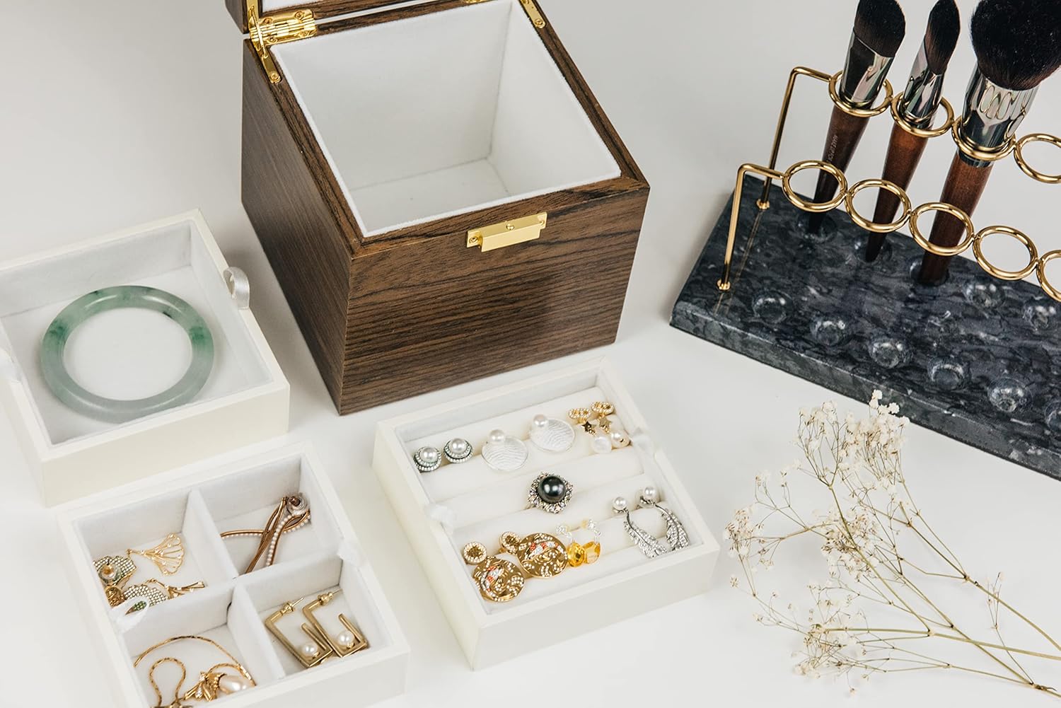 OMBRE HOME Wooden Jewelry Box Storage Organizer Cabinet Case Display, PU Leather, for Earnings, Rings, Necklace, Pendant, Bracelets, 3 tier, Small, Mirrored