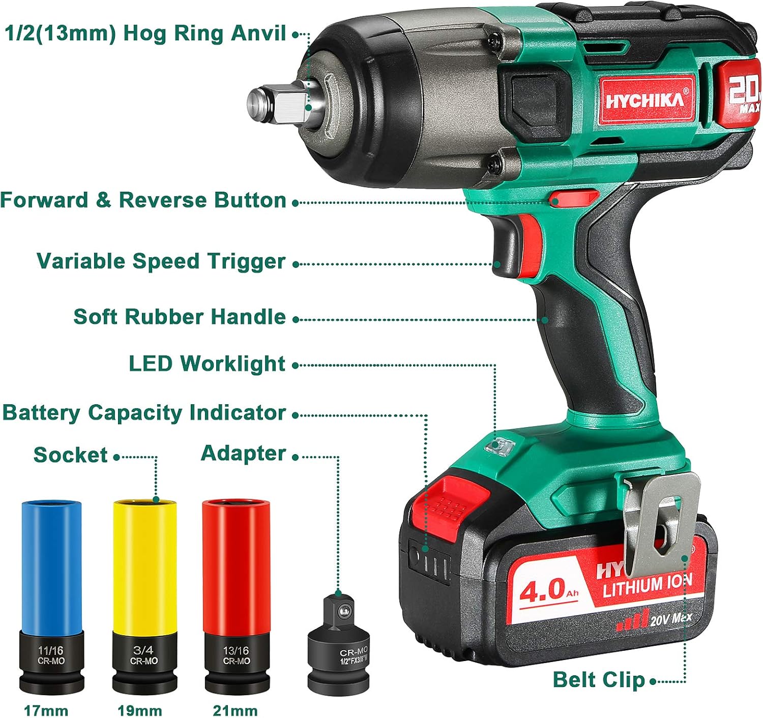 Cordless Impact Wrench 20V Max, HYCHIKA 260 Ft-lbs Max Torque Impact Wrench, 1/2