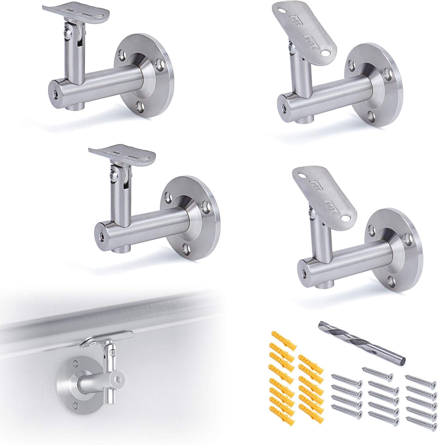 Muzata 4pack Adjustable Handrail Brackets for Staircase Stair Railing Brackets, Heavy Duty handrail Bracket, Brushed Stainless Steel, HB03 SL4,HR0 HR6 Pack of 2