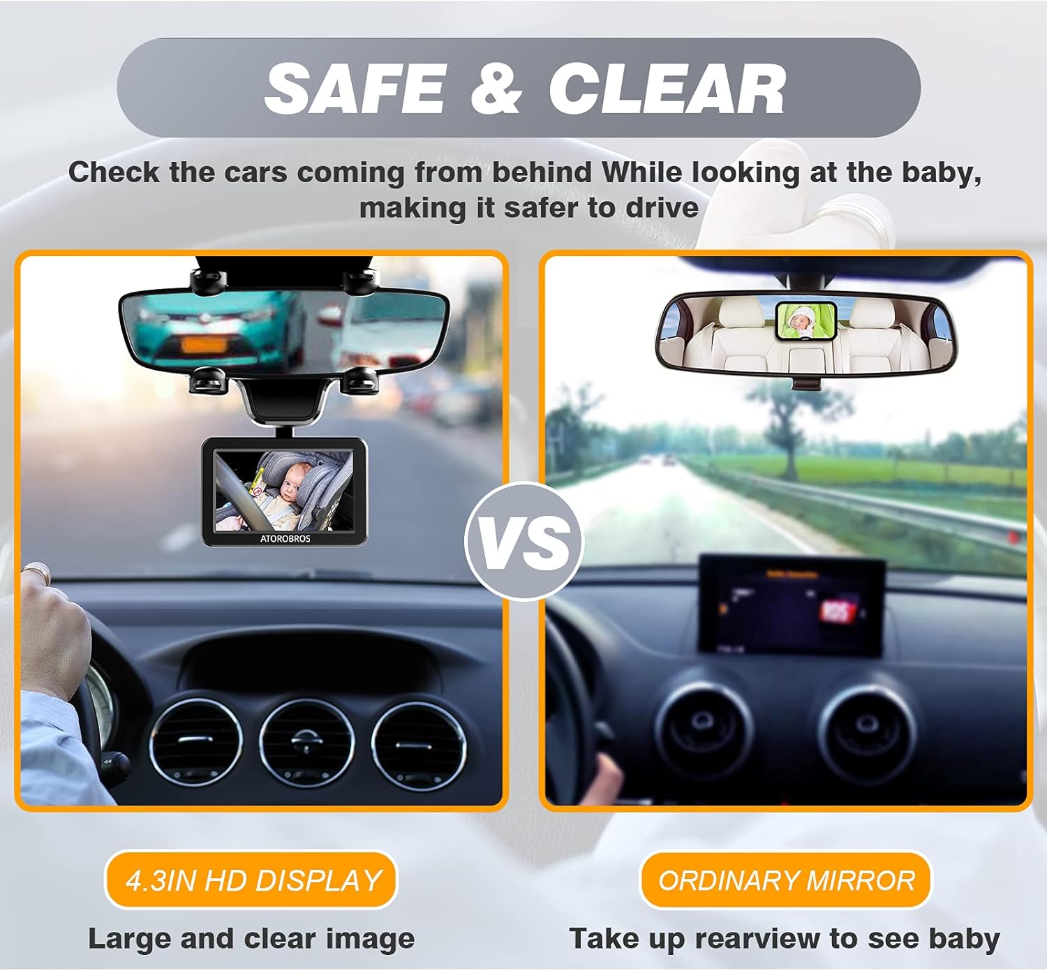 Baby Mirror for Car, ATOROBROS Baby Car Camera for Rear-Facing Seat with 4.3'' HD Display, 1080P Night Vision, Upgrade 360&deg; Rearview Mirror Display Bracket, Easy and Safe to See Baby while Driving