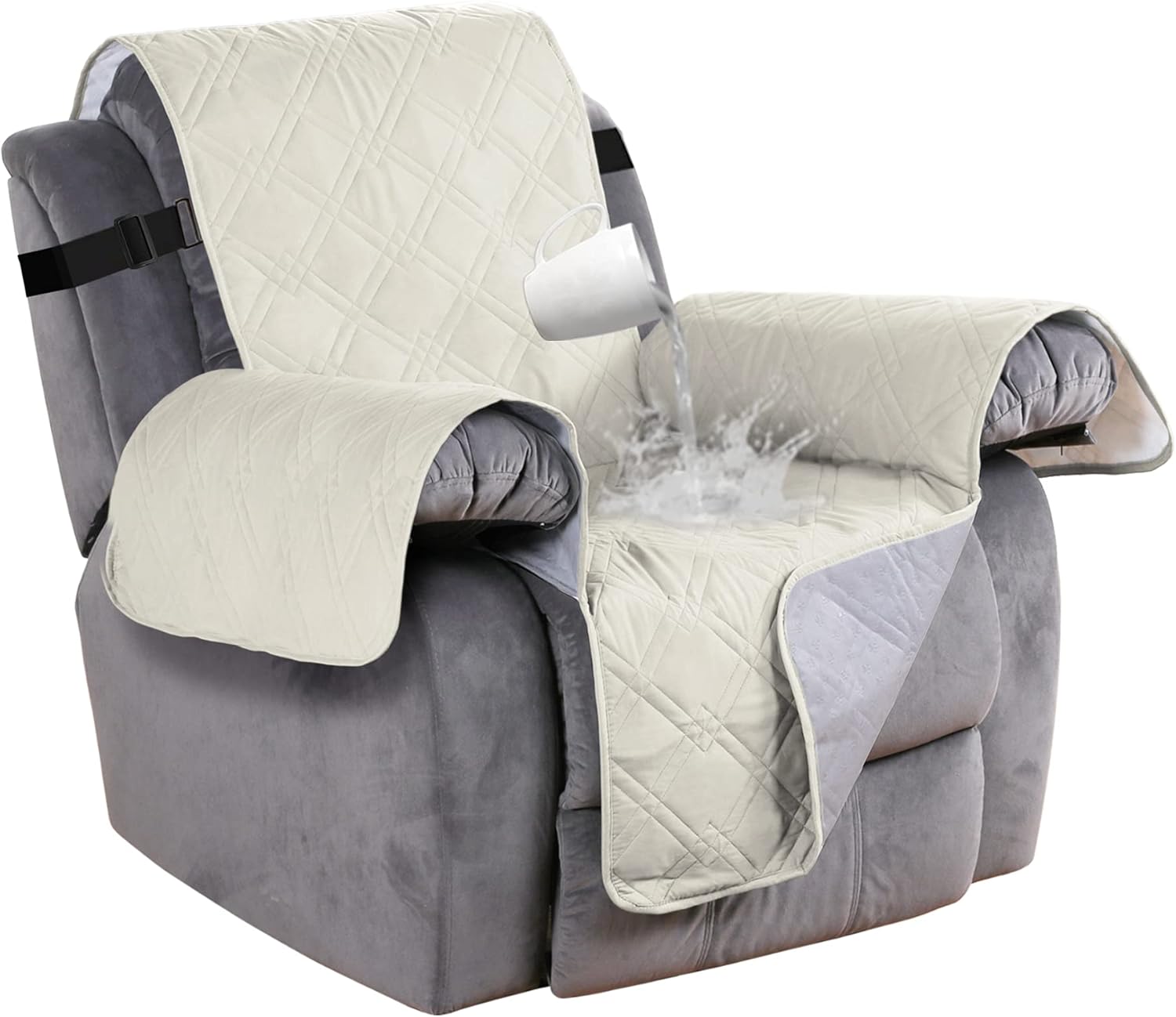 Turquoize 100% Waterproof Recliner Sofa Cover 2 Seat Reclining Couch Cover for 2 Cushion Couch Waterproof Recliner Sofa Protector Cover for Dogs Pets with Non Slip Backing and Strap (Medium, Gray)