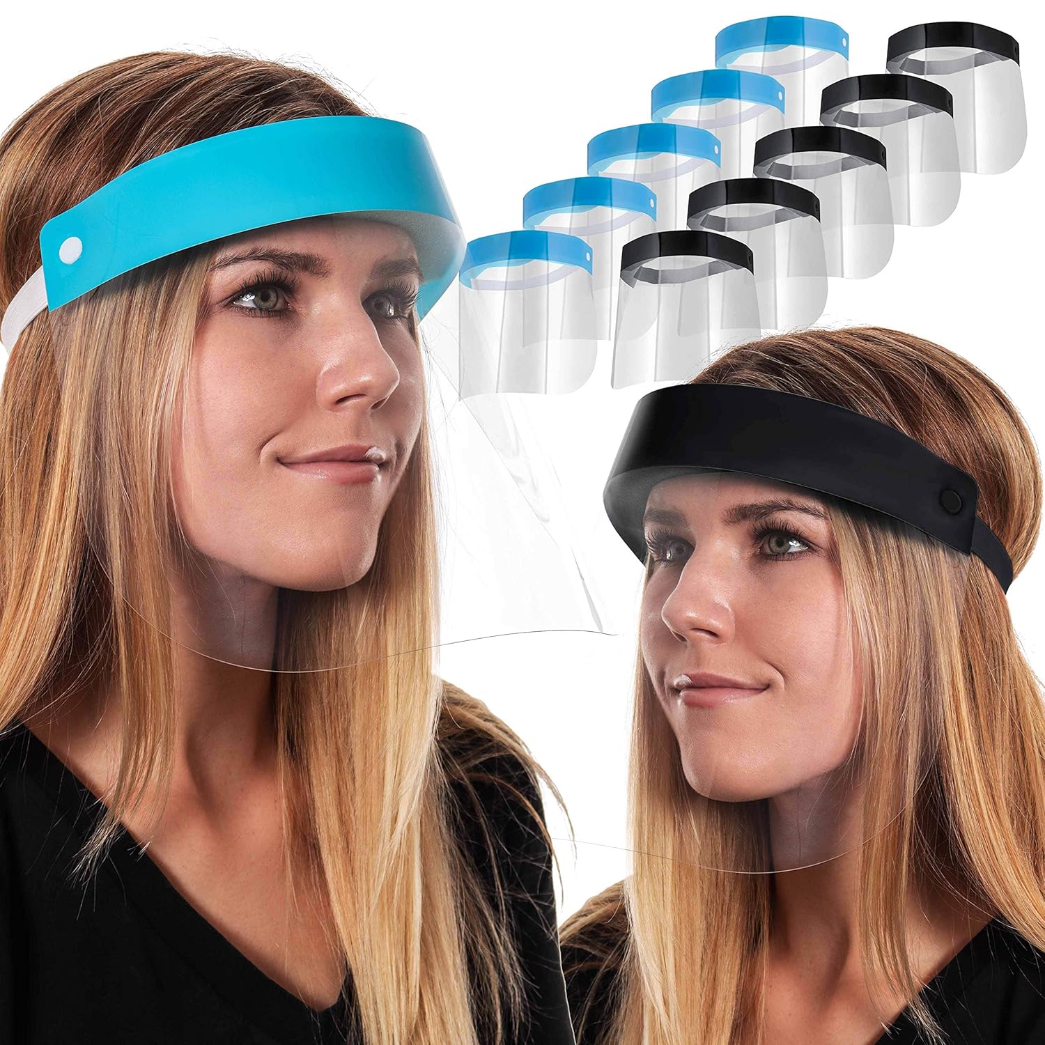 Salon World Safety Face Shields (100-Black & 100 Blue) - Ultra Clear Protective Full Face Shields to Protect Eyes, Nose and Mouth - Anti-Fog PET Plastic, Elastic Headband - Sanitary Droplet Guard Pack of 2