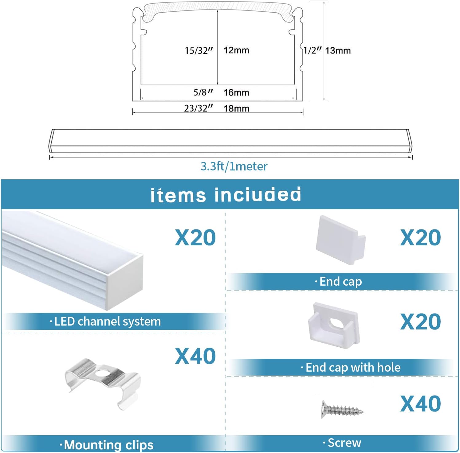 Muzata 20Pack 3.3FT/1M Silver LED Channel System Spotless U Shape with Frosted Milky White Diffuser Cover 18x13 mm Wide Aluminum Profile Track for Waterproof Light Strip Light U103 1M WW, LN1 LU2 LP1
