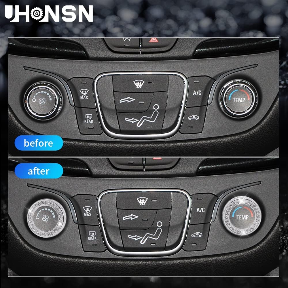 UHONSN 4Pcs Accessories for Chevy Chevrolet Equinox 2018 to 2022 Car Interior Sparkly Decoration AC Knob Covers Push Engine Start Stop Decals Sticker Crystal Silver Zinc Alloy Pack of 2