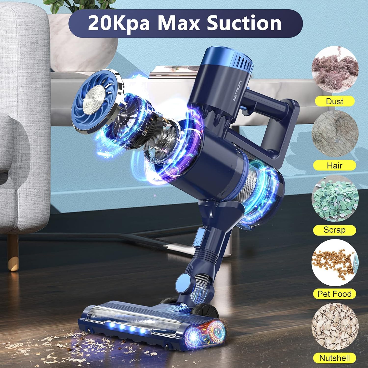 Cordless Vacuum Cleaner with LED Touch Display, 4 in 1 Stick Vacuum 35 Mins Runtime & Ultra-Quiet & Detachable Battery Lightweight Vacuum for Home Hardwood Floor Carpet Pet Cleaning PRETTYCARE W300