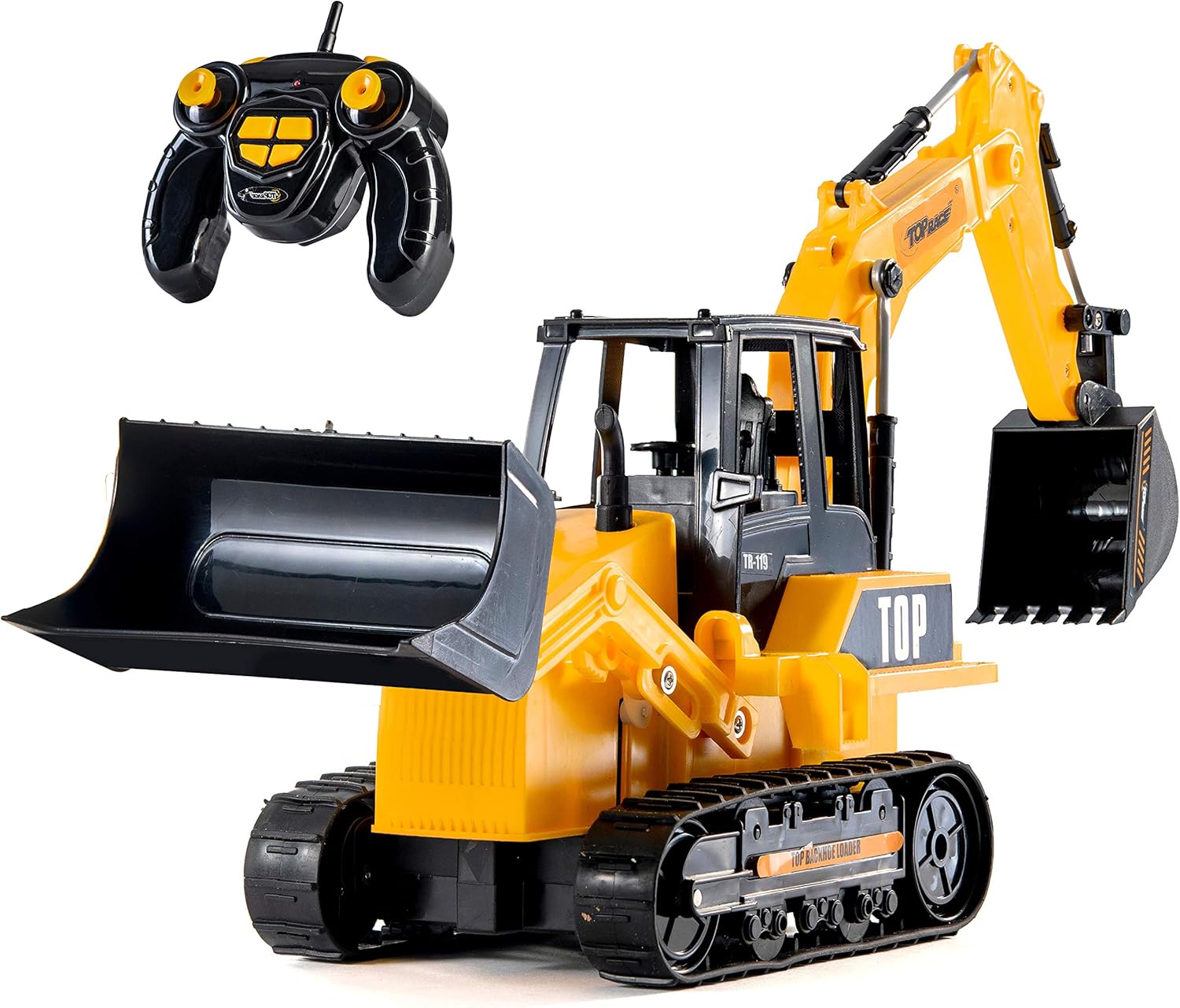 Top Race 8 Channel Full Functional RC Excavator Backhoe Loader, Battery Powered Electric RC Remote Control Construction Tractor with Lights & Sound TR-119