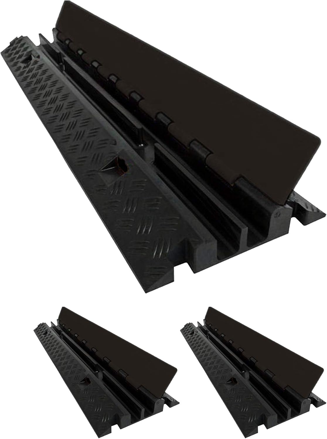 Electriduct Heavy Duty 2 Channel Cable Protector Traffic Wire and Hose Ramp Cord Cover 1.2 Inch Channels 12,000 lbs per Axle - Rubber Black Base/Black Lid Pack of 2