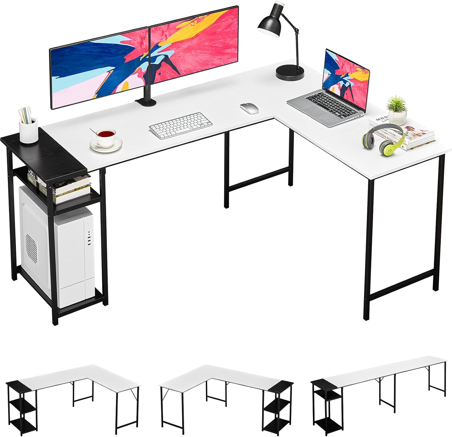 GreenForest L Shaped Desk Reversible with Storage, 94.4 Inch 2-Person Long Desk Computer Gaming Office Desk, Writing Study Corner Desk for Home Office, White/Black