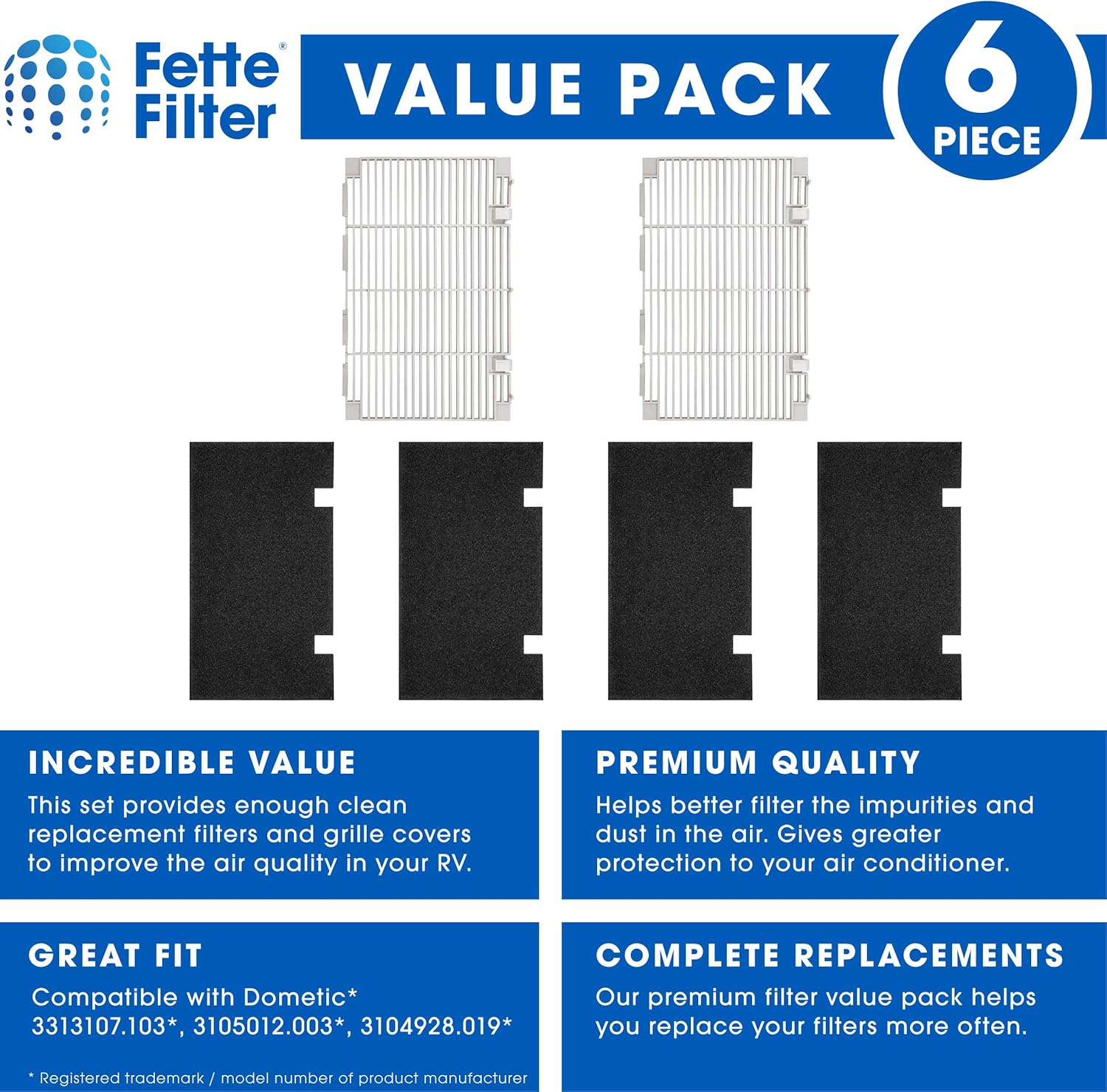 Fette Filter - Ducted Air Grille Duo-Therm AC Filter Cover Compatible with Dometic 3104928.019 Contains 2 RV Grille and 4 AC Duct Foam Prefilters.