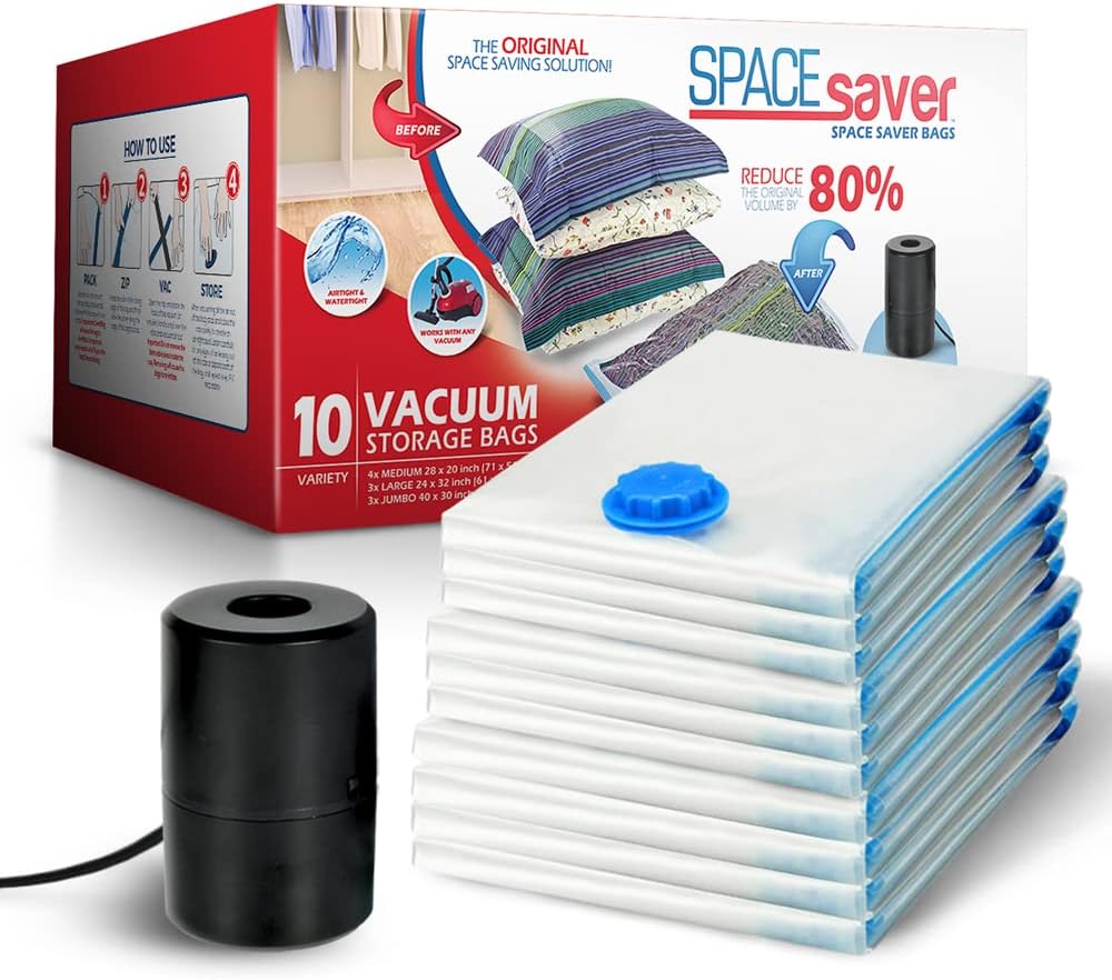 Spacesaver Premium Vacuum Storage Bags. 80% More Storage! Electric-Pump! Triple Seal Spacesaver Premium Vacuum Storage Bags. 80% More Storage! Electric Pump! Double-Zip Seal and Triple Seal Valve! Vacuum Sealer Bags for Comforters, Blankets, Bedding,