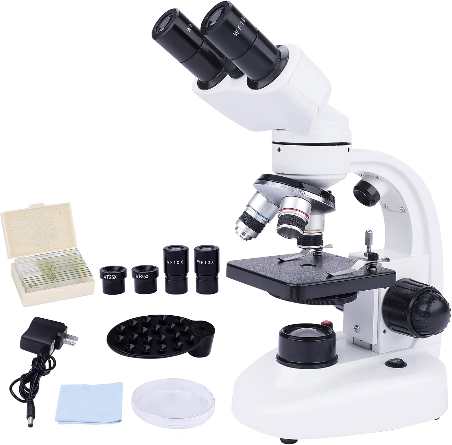 Binocular Microscope for Adults Kids, 40X-1000X Compound Microscope with Carrying Case Microscope Slides Set WF10X & WF25X Eyepiece Phone Adapter for Teaching Lab Applications