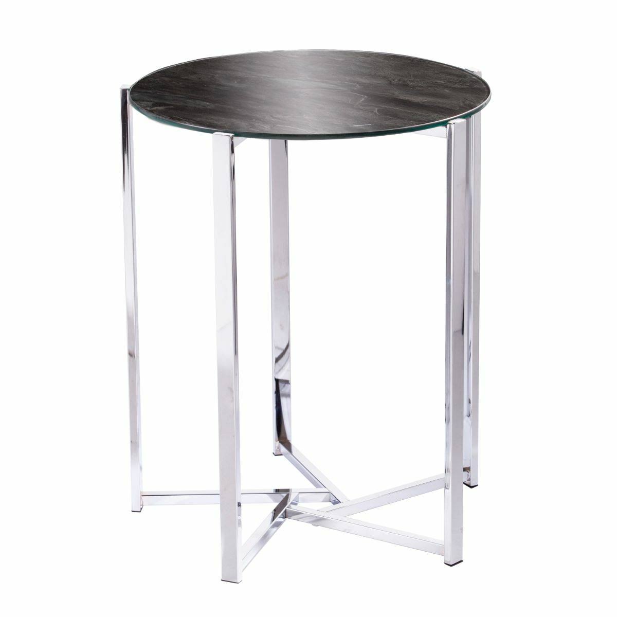 24x22 Silver and Black Geometric Glass Round End Table with Star Base