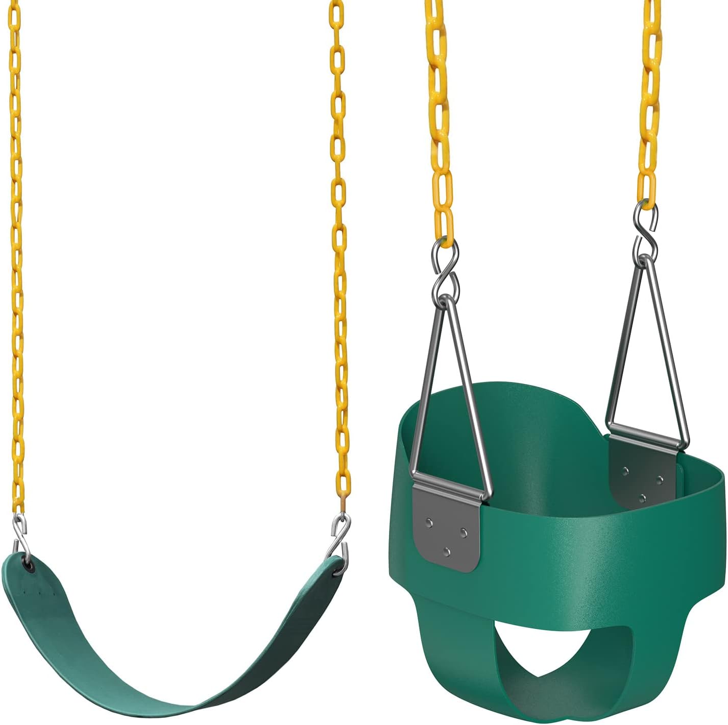 Jungle Gym Kingdom Toddler Swing - Heavy Duty, High Back, Full Bucket Baby Swing Seat with Coated Chains for Outdoor Use - Fully Assembled - Green