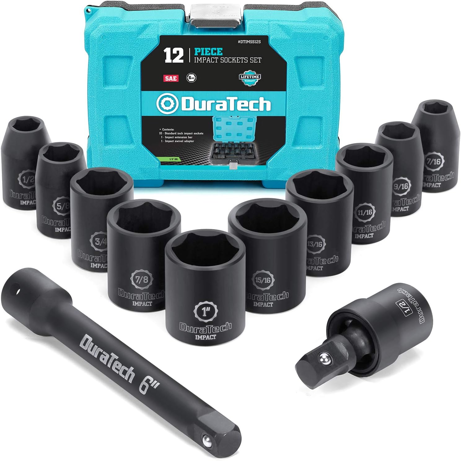 DURATECH 1/2 Inch Drive Impact Socket Set 12 Pieces, 3/8 Inch-1 Inch 10 Pieces SAE Sockets with Impact Swivel Adapter and 6-Inch Impact Extension Bar
