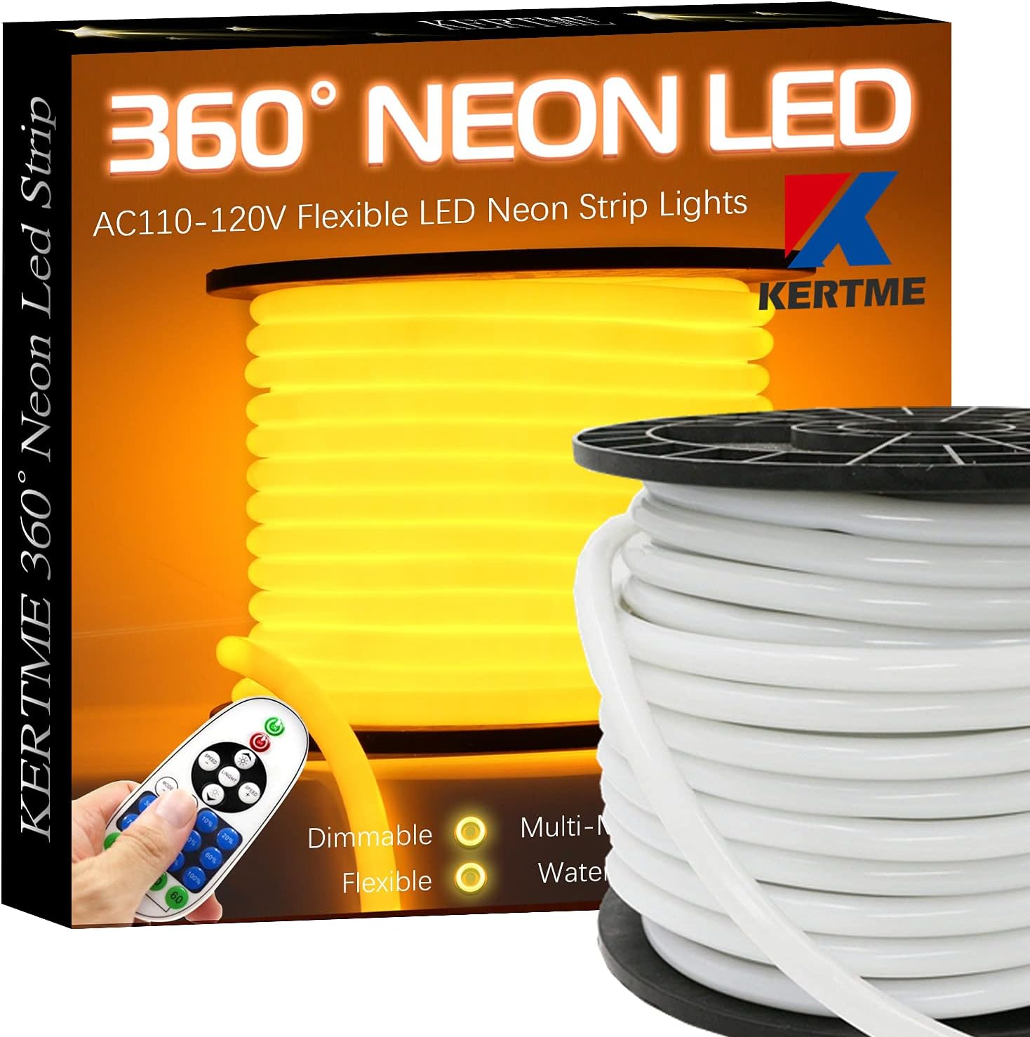 KERTME 360° Neon Led Type AC 110-120V 360 Degree NEON LED Light Strip, Flexible/Waterproof/Dimmable/Multi-Modes LED Rope Light + Remote for Home/Garden/Building Decor (65.6ft/20m, Warm White 3500K)