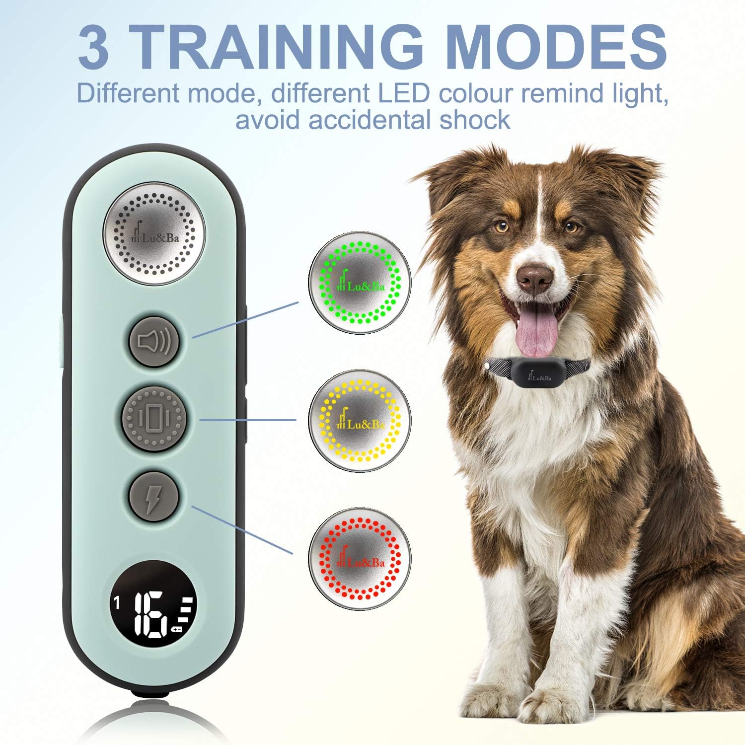 Lu&Ba Dog Shock Collar, 3000ft Dog Training Collar with Remote Rechargeable Waterproof Shock Collar for Dogs with 3 Safe Mode Beep Vibration and 16 Shock Level for 10-110lb Small Medium Large Dogs Pack of 2