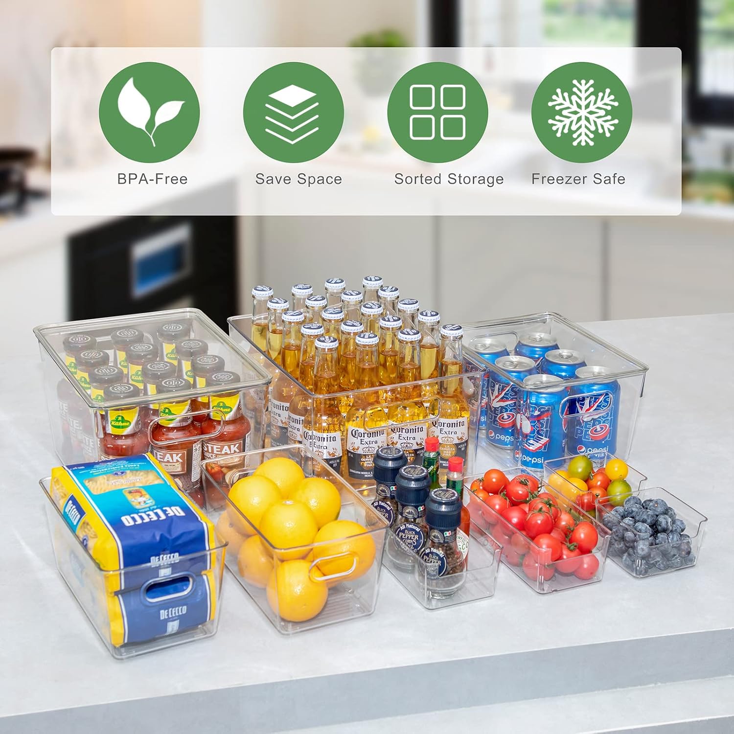 FOOYOO Clear Fridge Storage Bin，9 PCS Plastic refrigerator organizer bins with Lids(6 Different Sizes)，Freezer, Kitchen Cabinet, Bedrooms，Pantry Organization, BPA Free Freezer Organizer Bins，stackable Pack of 2