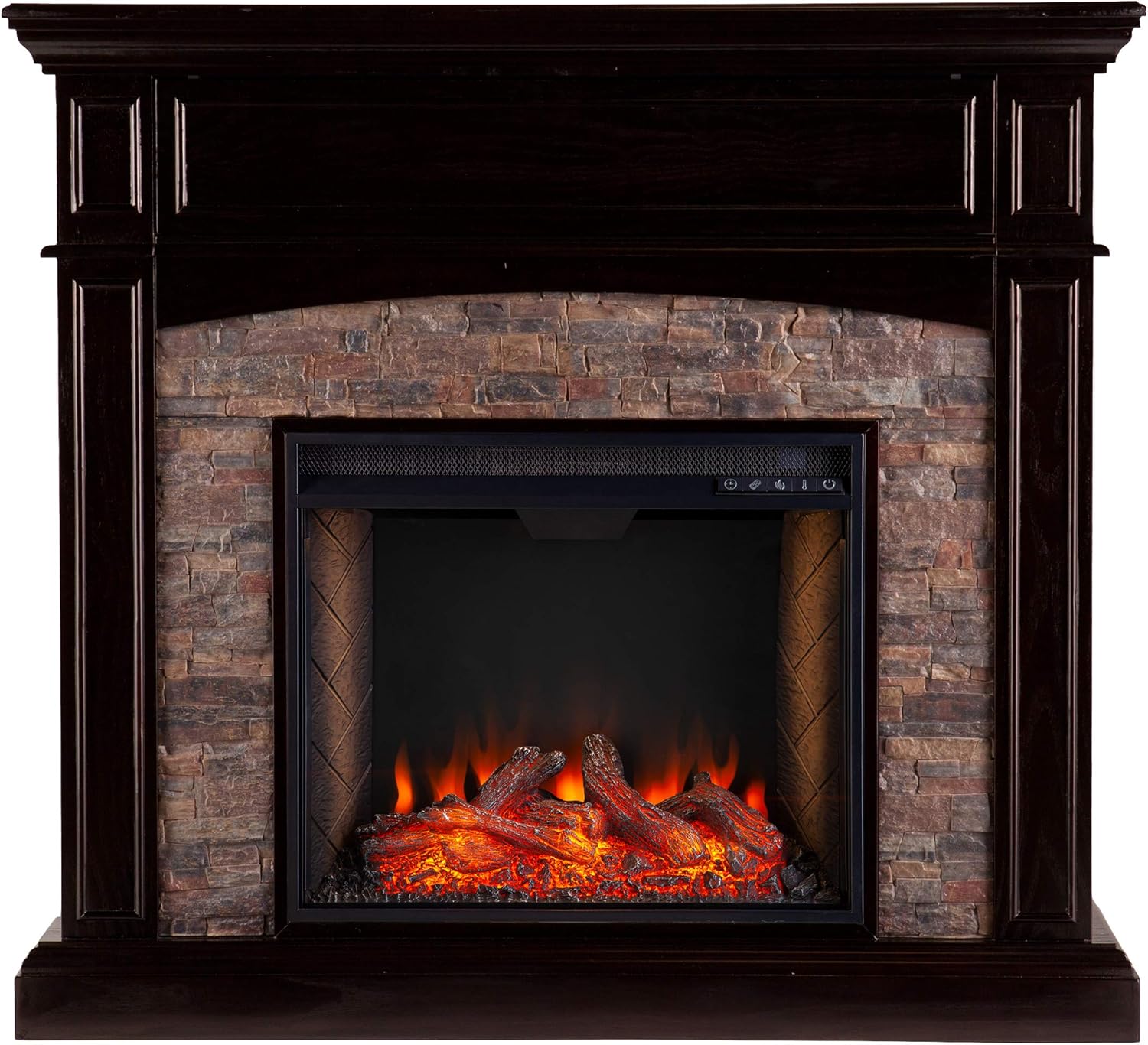 SEI Furniture Grantham Faux Stone Alexa-Enabled Electric Hidden Media Shelf Corner Fireplace, Ebony