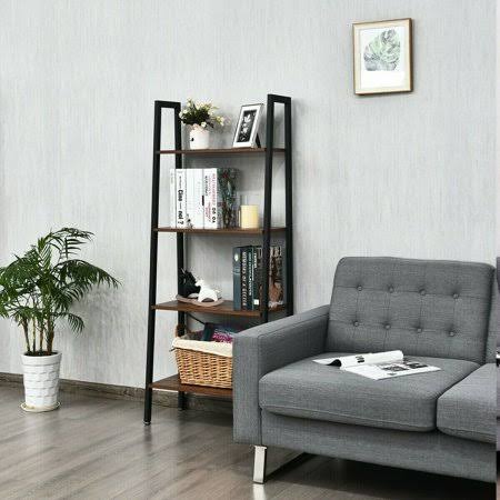 Open Bookshelf, 4 Shelf Industrial Bookcase w/ Rustic Wood and Metal Frame, Free Standing Display Rack for Books, Photos, Decora