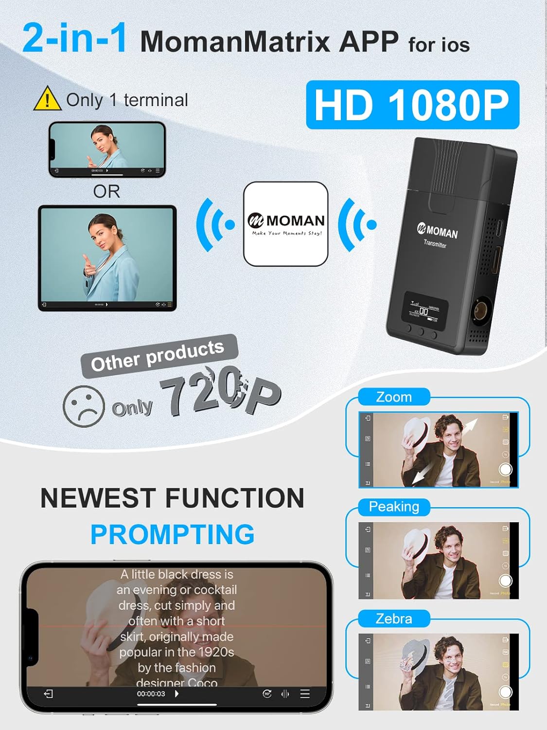 Wireless Video Transmission System, MOMAN Matrix 600S, SDI and HDMI Transmitter and Receiver for Blackmagic BMPCC Camera Atomos Ninja v with 600ft Range, Inbuilt Antennas Zero Noise, 0.08s Latency