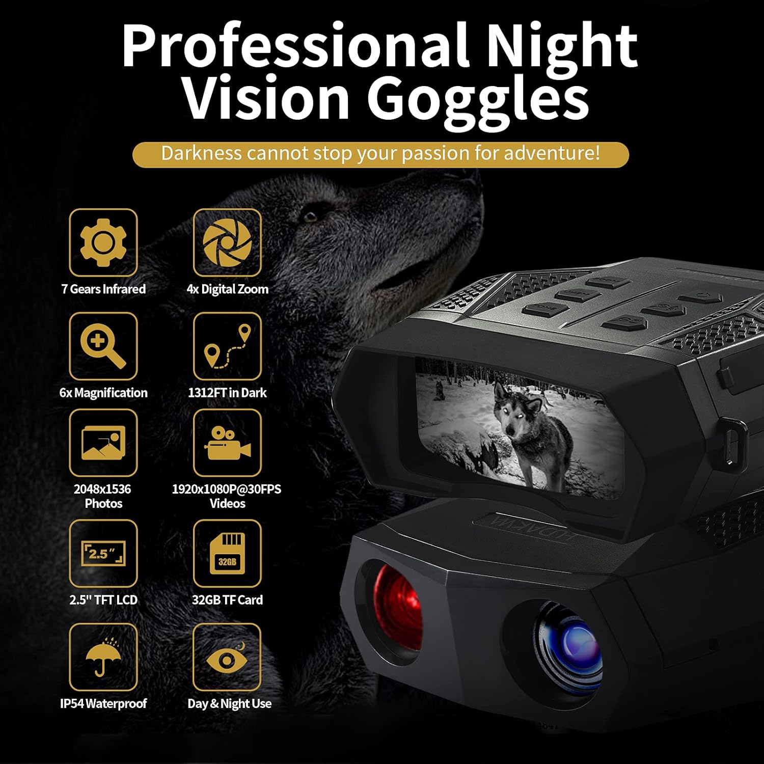 HUDAKWA Night Vision Goggles Infrared Digital Night Vision Binoculars for Adults Night Vision and Day - for Hunting, Military Tactical, Take Photos & Videos in Complete Darkness 1312ft, 32GB TF Card