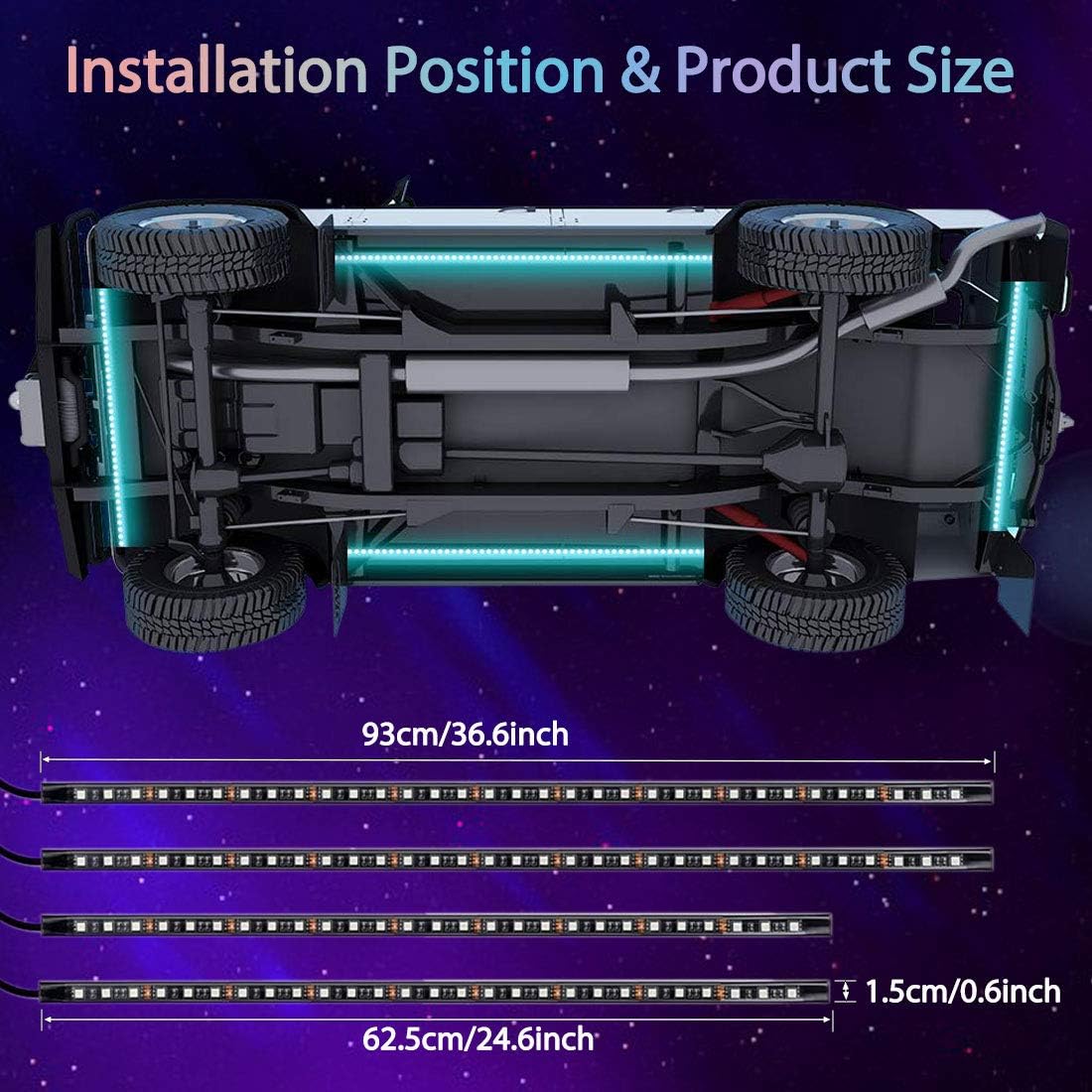 BLIAUTO Car Underglow Lights Underbody Neon Light Kit 4 PCS 8 Color LED Strip Car Lights 5050 RGB LED Strip Lights Waterproof with Wireless Remote Control Music Sound Active Cable Tie & Screw(60x90cm)