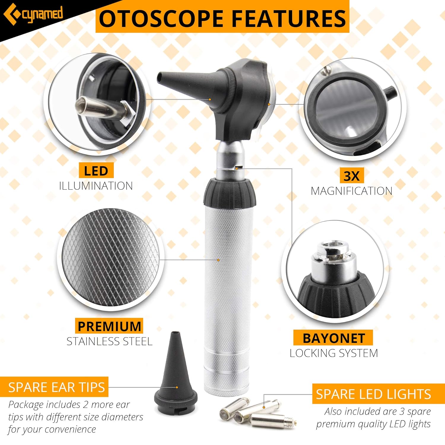 Cynamed 2-in-1 Ear Scope Set - Multi-Function Otoscope for Ear, Nose & Eye Examination- Kit for Home and Medical Students - Sight Chart, Replacement Tips, and Carry Case Pack of 2