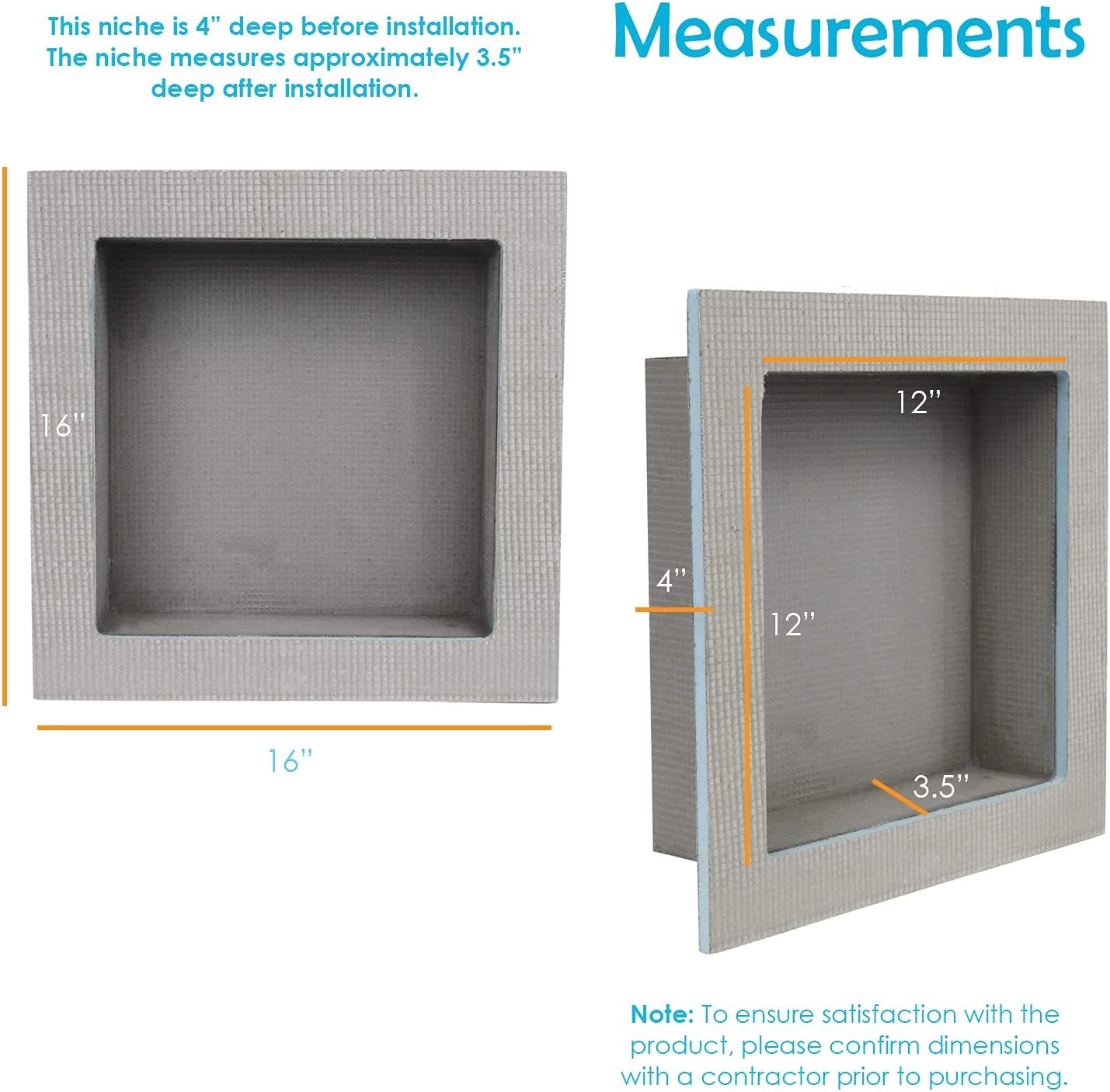 Houseables Shower Niche, Insert Storage Shelf, 12x12 Inch, Installation Size: 13”x13”, Grey, XPS Foam, Leak-Proof, Waterproof, Recessed Preformed Caddy, Tile Prefab Shelves for Bathroom, Prefabricated Pack of 2