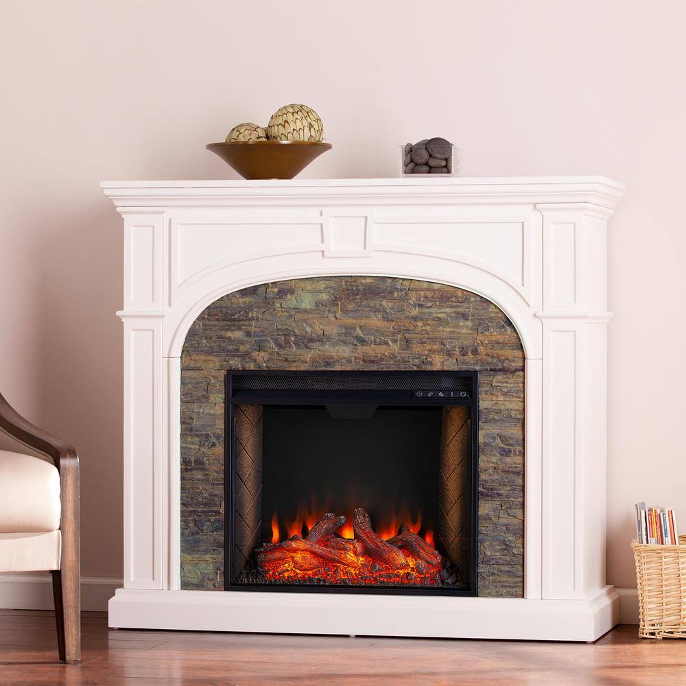 Southern Enterprises Agelina Alexa-Enabled 45.75 in. Electric Smart Fireplace with Faux Stone in White, White with Montelena Fau