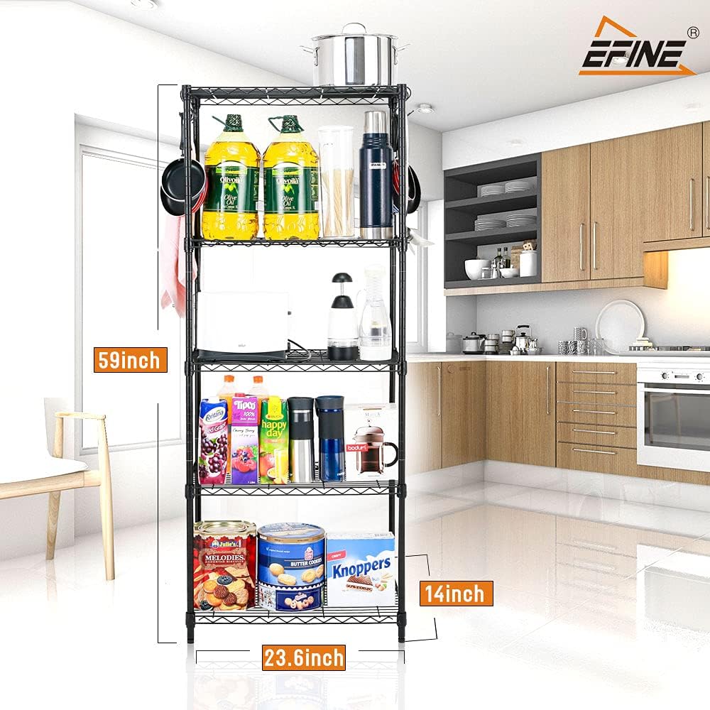 EFINE 2-Pack 5-Shelf Shelving Unit with Hook, NSF Certified, Adjustable, Steel Wire Shelves, 150lbs Loading Capacity Per Shelf, Shelving Units and Storage for Kitchen and Garage (23.6W x 14D x 59H)