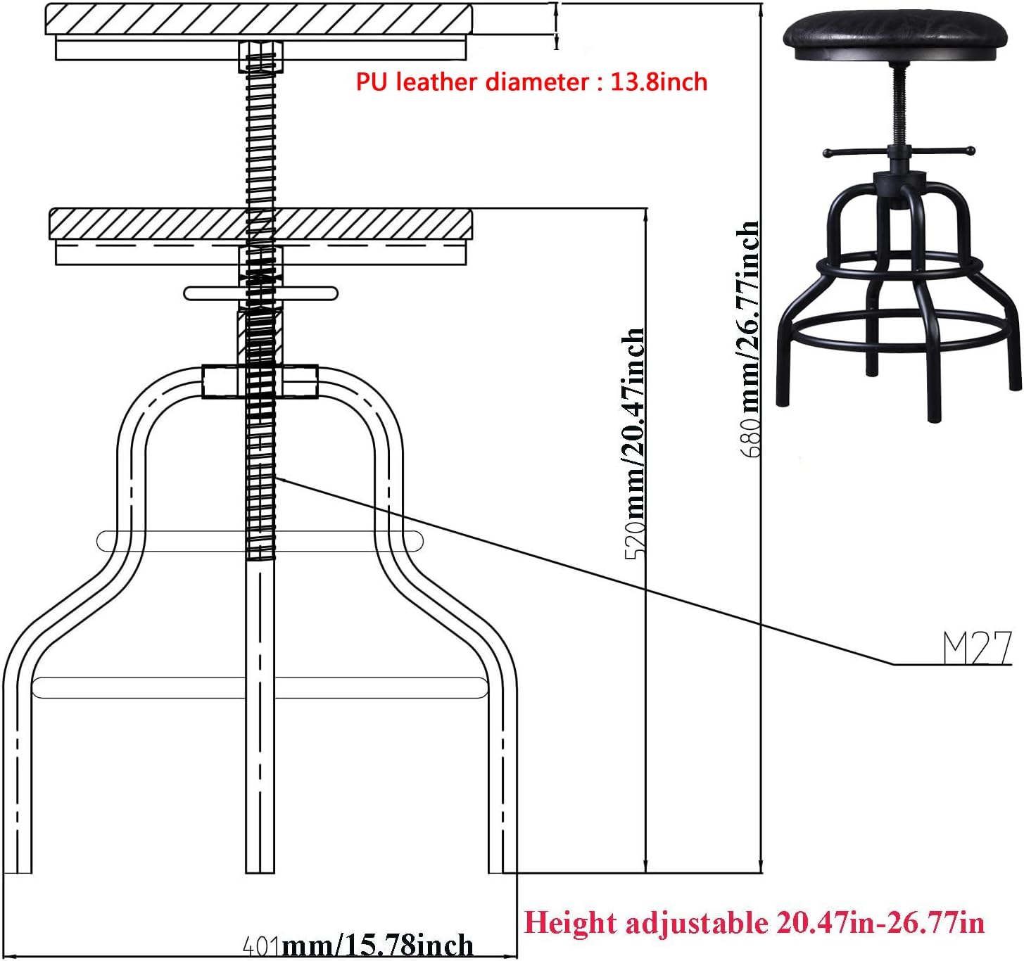 Diwhy Industrial Vintage Bar Stool,Kitchen Counter Height Adjustable Pipe Stool,Cast Iron Stool,Swivel Bar Stool,Metal Stool,27 Inch,Fully Welded Set of 2 (Black PU Leather Top)