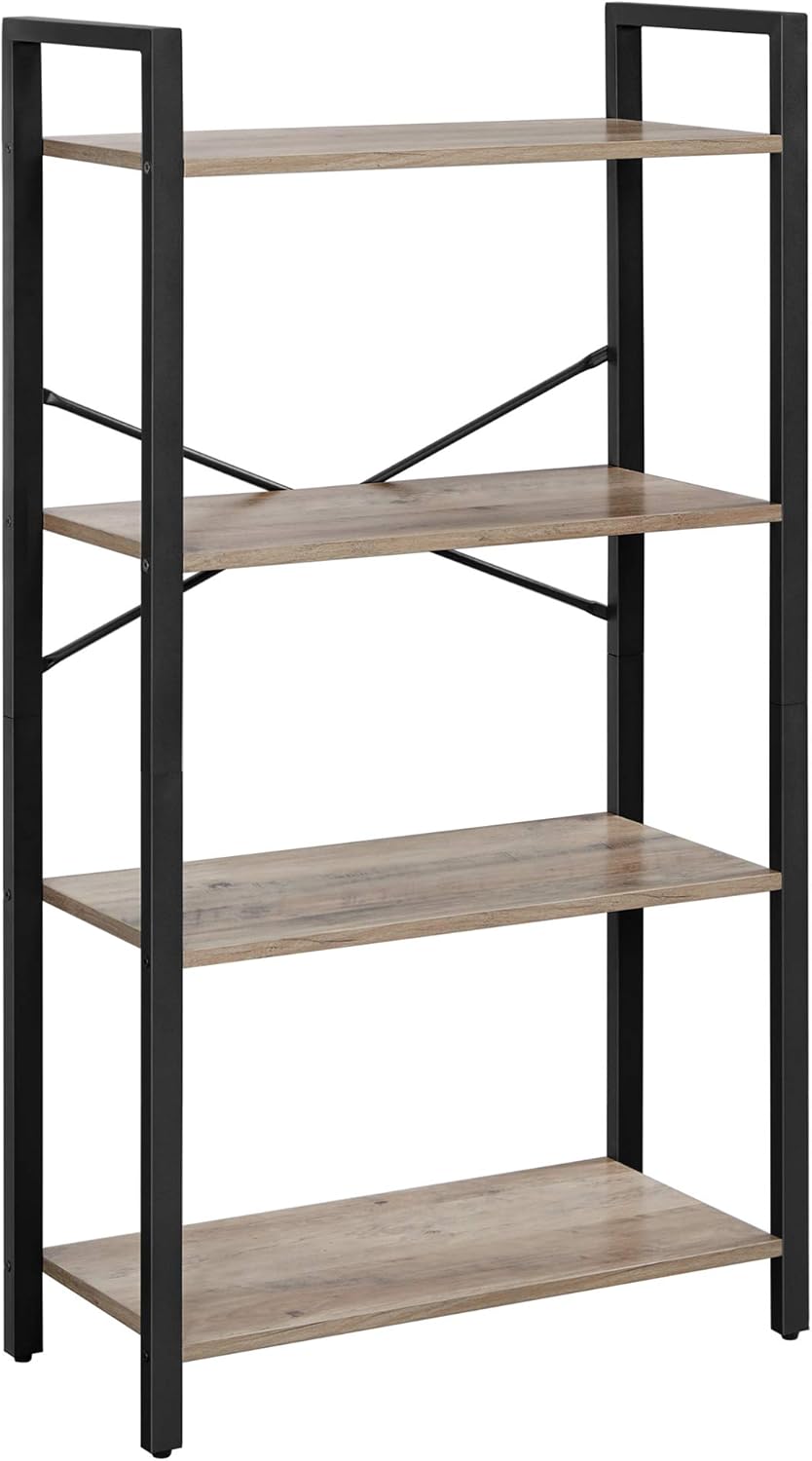 VASAGLE Bookshelf, 4-Tier Bookcase, Living Room Standing Unit Shelf, Stable Steel Frame, Bedroom, Office, Industrial Design, Greige and Black ULLS060B02