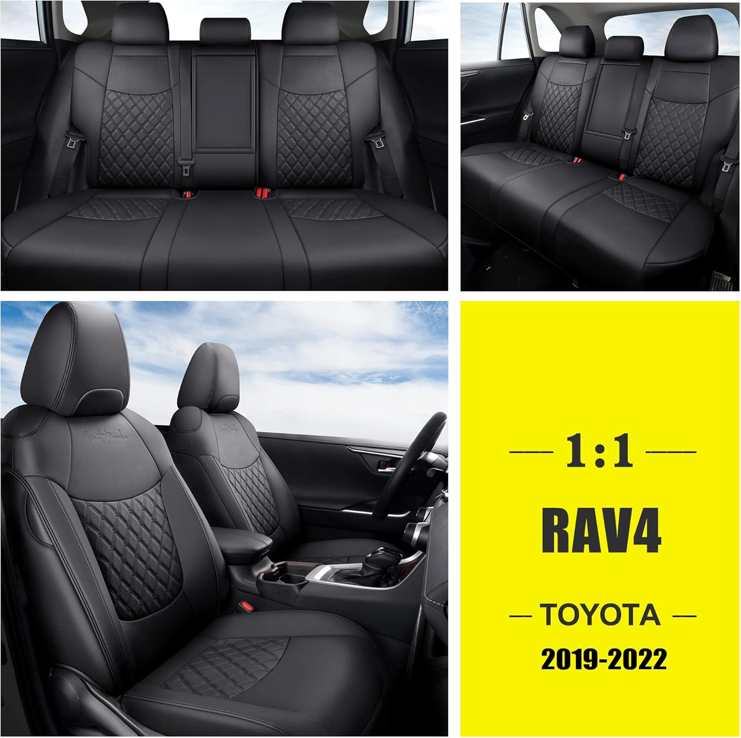 GIANT PANDA Pu Leather Car Seat Covers Full Set Custom Fit for 2019 2020 2021 2022 Toyota RAV4 (Not for Adventure and TRD-Off ) -(Black)