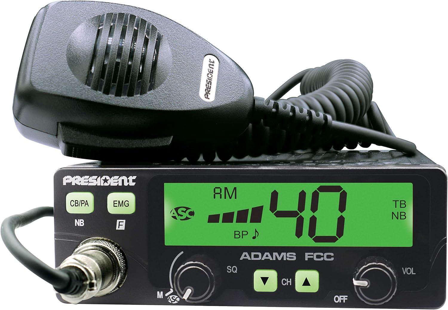 President Adams FCC CB Radio. Large LCD with 7 Colors, Programmable EMG Channel Shortcuts, Roger Beep and Key Beep, Electret or Dynamic Mic, ASC and Manual Squelch, Talkback