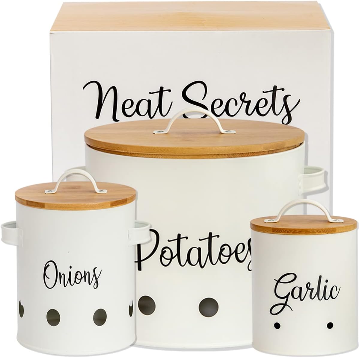 Garlic Potato and Onion Storage Bin Containers - White Kitchen Canister Set of 3 and Pantry Organizer With Bamboo Lids in the Gift Box - Ventilated Garlic Onion and Potato Keeper - Keeps Vegetables Fresh Pack of 2