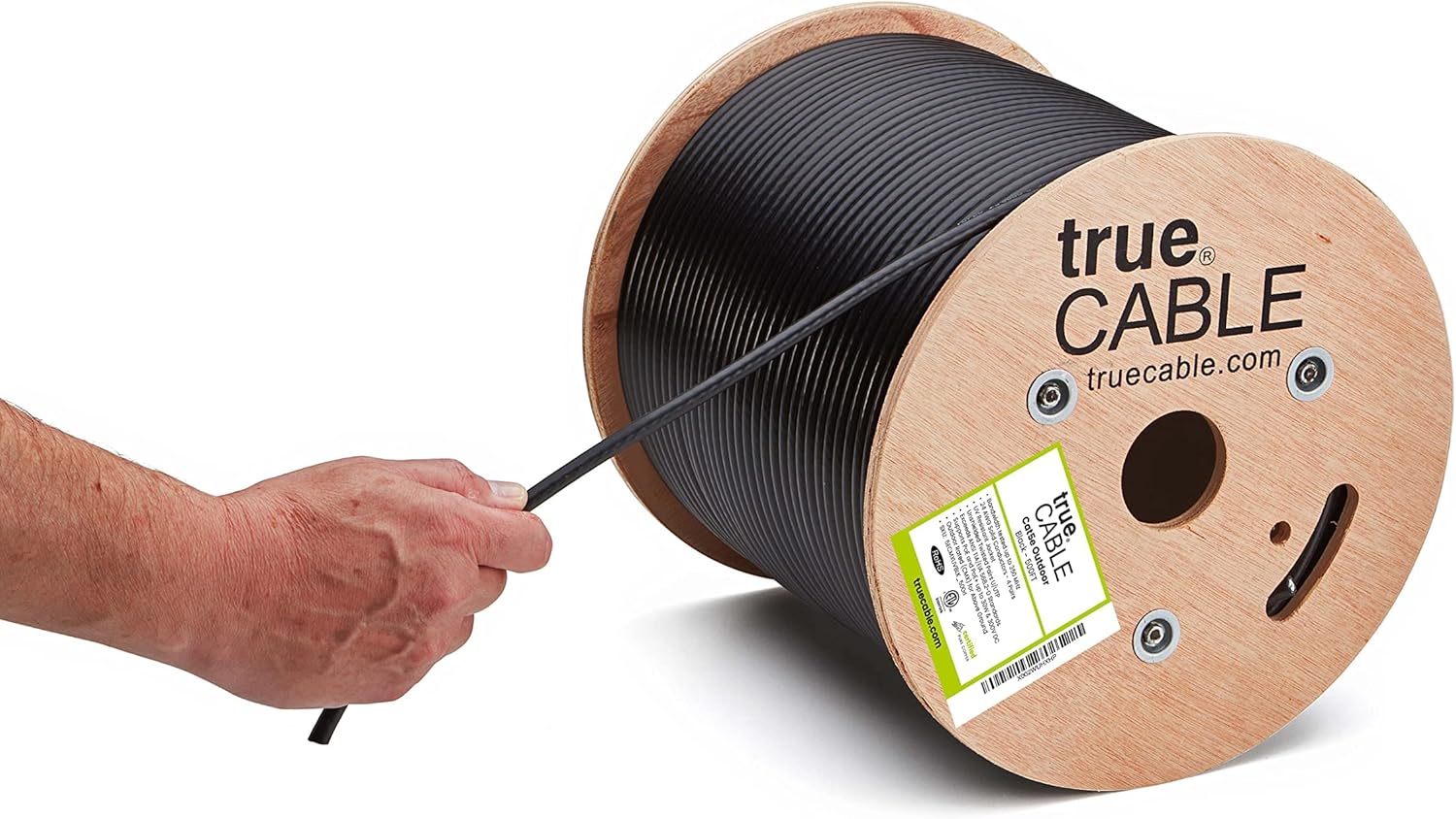 trueCABLE Cat5e Outdoor, Unshielded UTP, 500ft, UV Resistant, Aerial CMX Rated, Black, 24AWG Solid Bare Copper, 350MHz, PoE++ (4PPoE), ETL Listed, Bulk Ethernet Cable